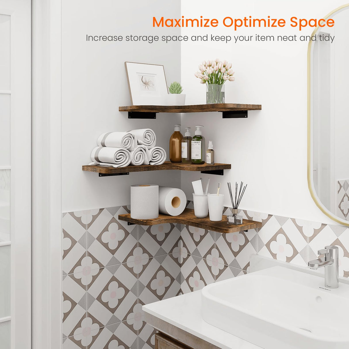 Homode Corner Floating Shelves, Corner Shelves Wall Mounted with Cord Hole, Set of 3 L Shape Wood Wall Storage Shelves for Living Room Bedroom Bathroom Kitchen, Rustic Brown Homode