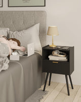 JOONEE Black Nightstand,Modern Bedside Table with Storage Drawer and Open Wood Shelf, for Living Room, Bedroom and Small Spaces, Accent Night Stand with Solid Wood Legs, Easy Assembly,Classic Black JOONEE