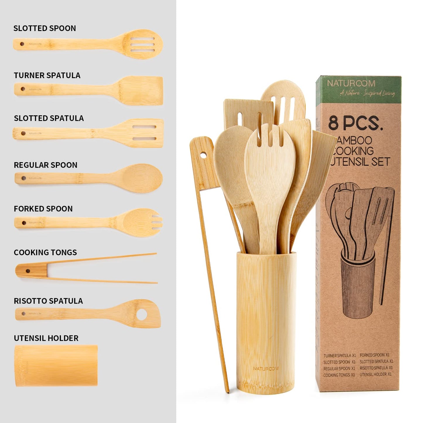 Naturoom Kitchen Utensils Set of 8 PCS, 12Inches Bamboo Wooden Cooking Spoon & Spatula Tools Perfect for Non-Stick Cookware (Bamboo 12inches)