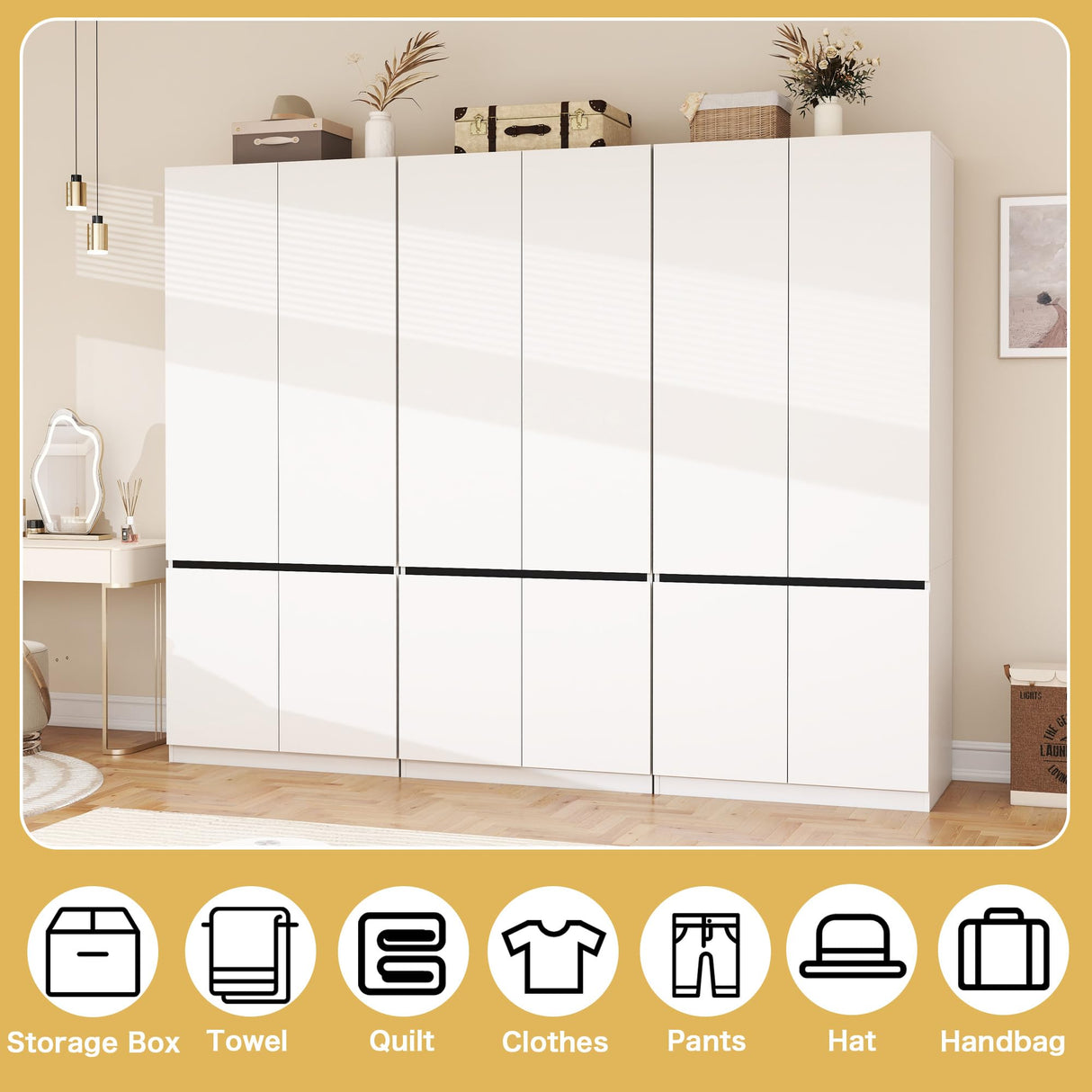LABROSKIA White Armoire Wardrobe Closet: 74" Wooden Wardrobe Closet with 6 Doors, Bedroom Armoires with Hanging Rod, Tall Closets Cabinet for Hanging Clothes (94.5") LABROSKIA