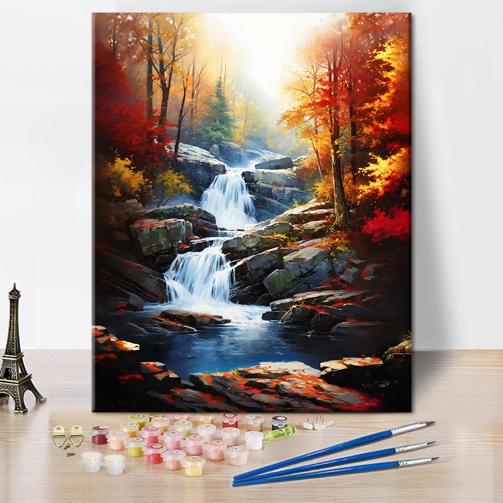 TUMOVO Adult Paint by Number Kits on Canvas Autumn Landscape Paint by Numbers for Adult Beginner Forest Waterfall Color by Numbers for Adults Craft Kits - 16x20 Inch, Flameless TUMOVO