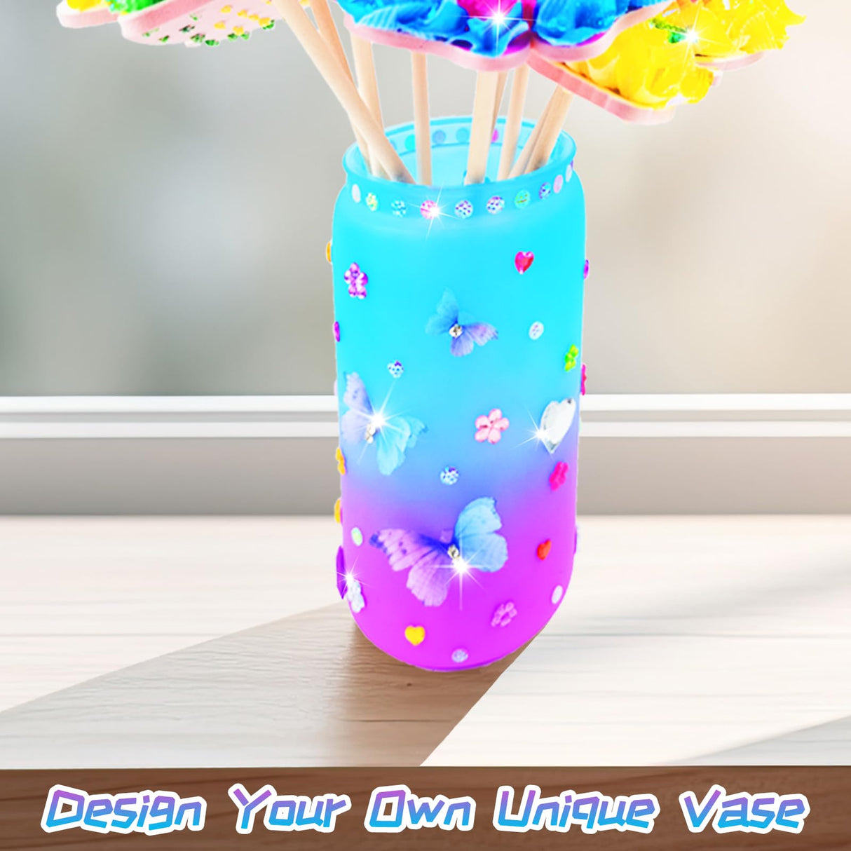 FJBICODA Poke Art Flower Bouquet Craft Kit - Arts and Crafts for Girls Ages 5-12 - Make Your Own Bouquet with 8 Flowers 2 Butterflies & 1 Vase - DIY Activities Gifts for 5 6 7 8 9 10+ Year Old Kids FJBICODA