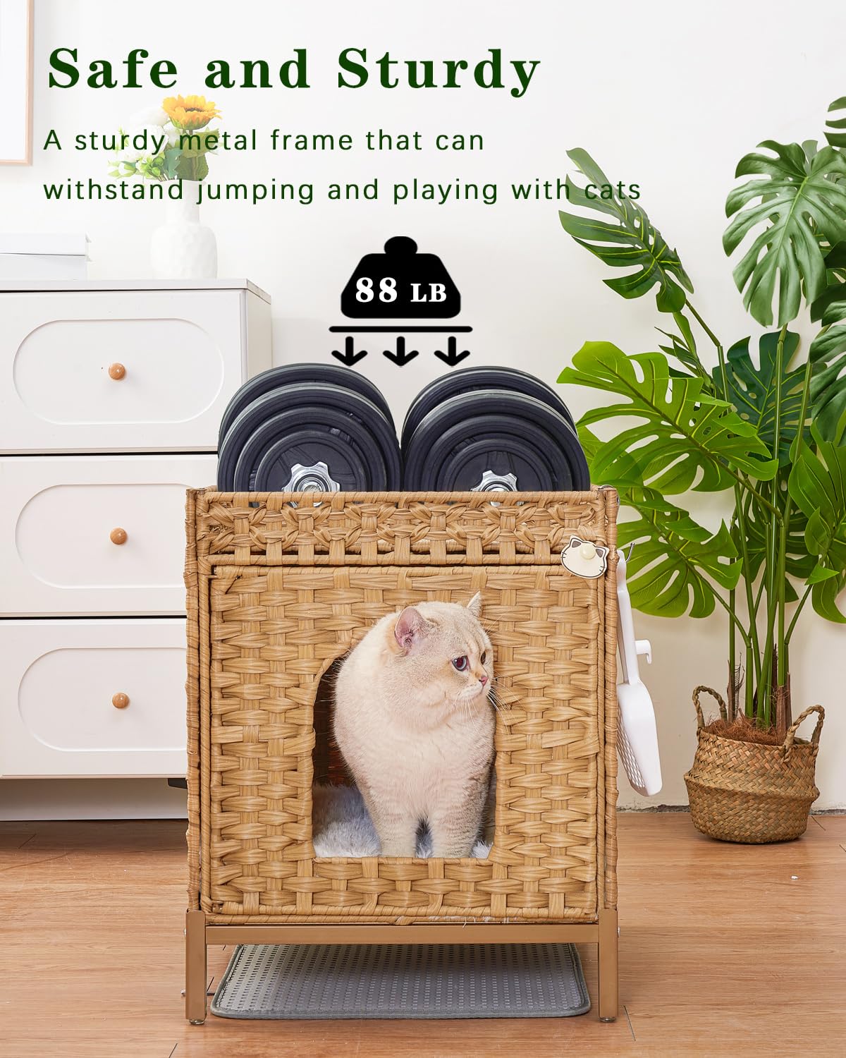 SETVSON Cat Litter Box Enclosure Hidden Litter Box Furniture with Metal Heightened Feet, Rattan Handwoven Cat House with Litter Mat, Hidden Litter Box Furniture for Bedroom Living Room Natural SETVSON