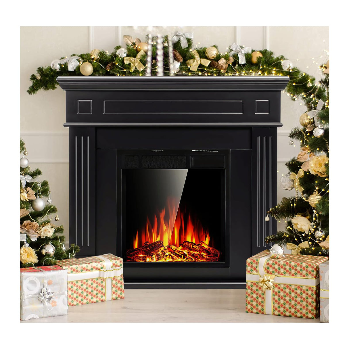 JAMFLY Electric Fireplace Mantel Package Wooden Surround Firebox TV Stand Free Standing Electric Fireplace Heater with Logs, Adjustable Led Flame, Remote Control, 750W-1500W (Black) 1 JAMFLY