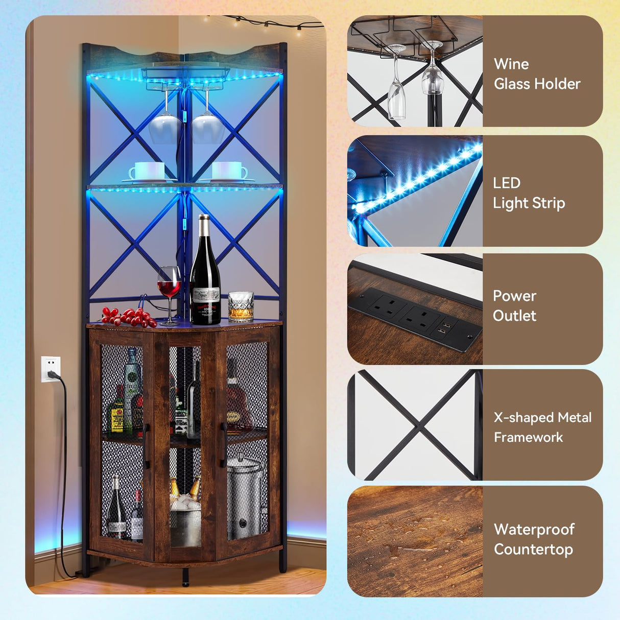 EROMMY Corner Bar Cabinet with Power Outlet, 5-Tiers Wine Bar Cabinet with LED Light and Glass Holder, Industrial Home Bar for Dining Room, Living Room, Kitchen, Rustic Brown EROMMY