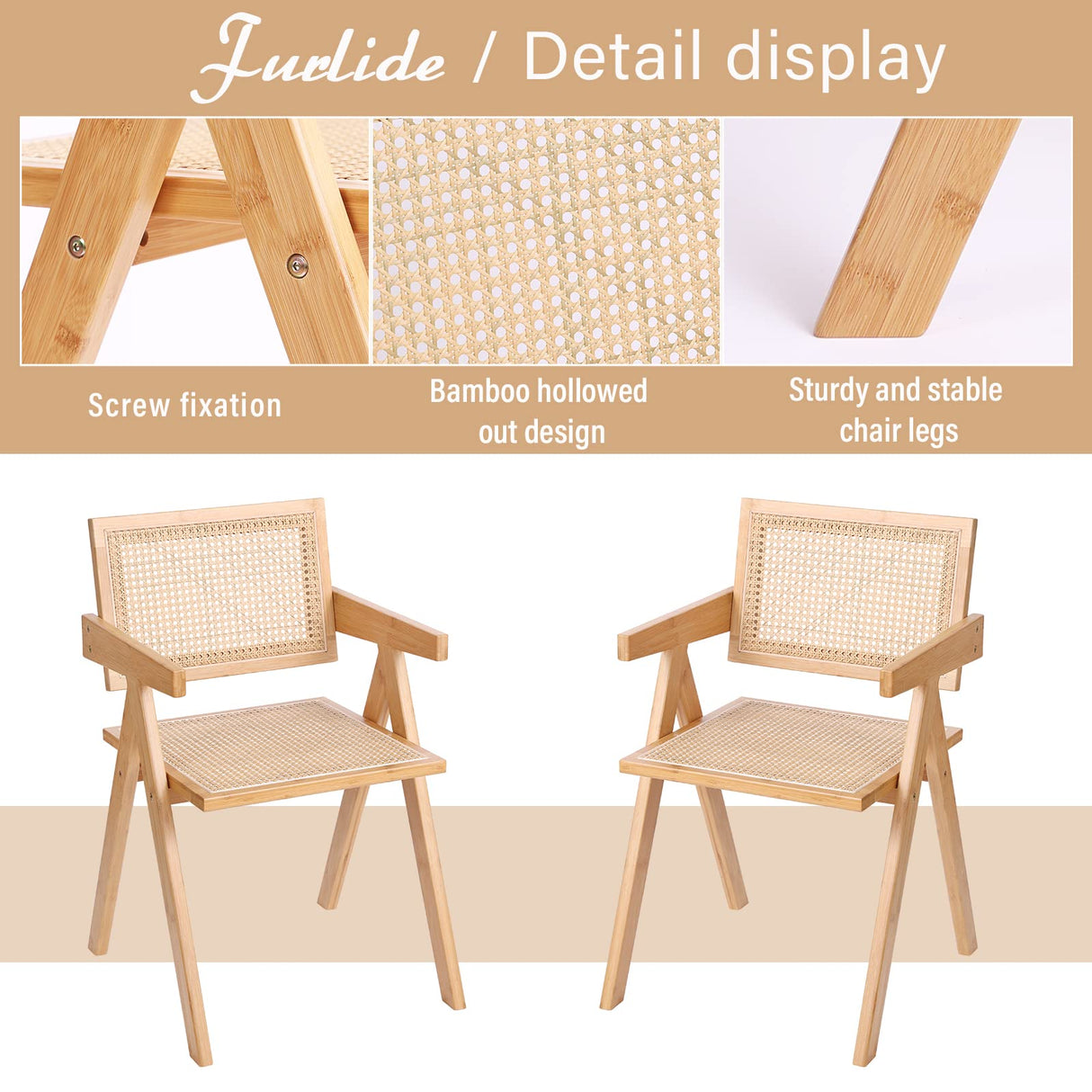 Furlide Rattan Dining Chairs Set of 2, Modern Mid Century Accent Chairs, Comfy Armchairs, Outdoor Rattan Chairs with Armrest for Bedroom Living Room Reading Room Dining Kitchen Furlide