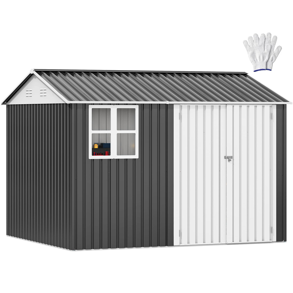 DWVO 10' x 8' Outdoor Storage Shed, Waterproof Metal Garden Shed with Windows, Lockable Doors, and Sloped Roof for Patio, Backyard, Lawn, Tool Storage, Bike Shed, Pet Shelter (Gray + White) DWVO