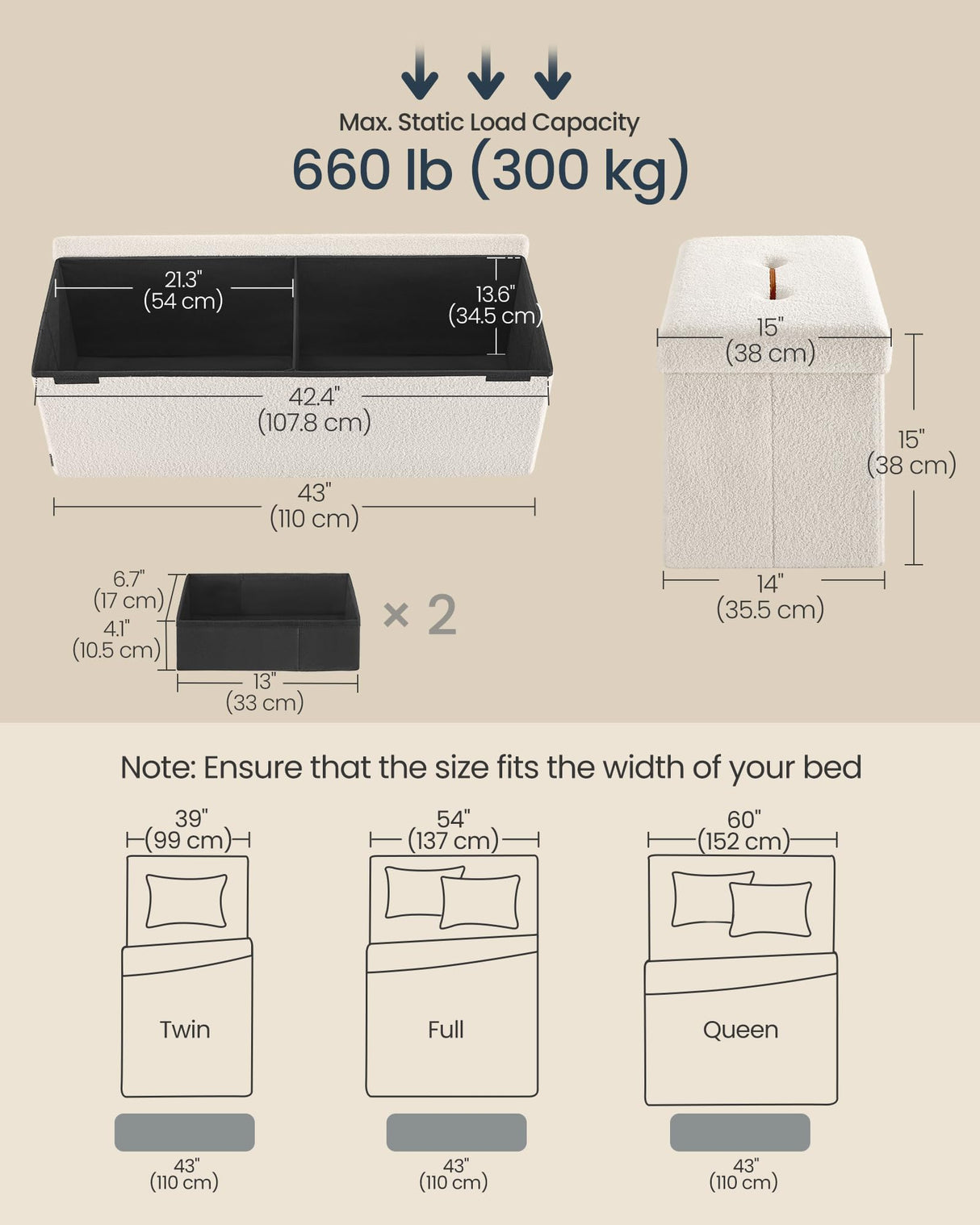 SONGMICS HOME Storage Ottoman Bench, Storage Chest, 15 x 43 x 15 Inches, Foot Rest Stool, End of Bed Bench, Load up to 660 lb, for Living Room, Bedroom, Entryway, Cream White ULSF097W01 SONGMICS HOME