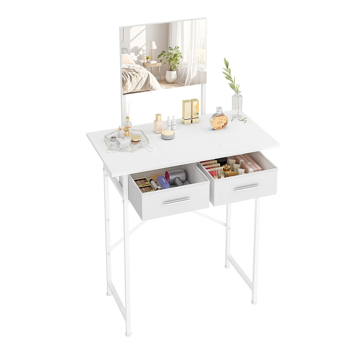 Dmticoasis Small Vanity Desk with Mirror, Compact Makeup Desk for Small Spaces,Modern Dressing Table with 2 Drawers,28.4 Inchs White Vanity with Storage for Girls and Women Dmticoasis