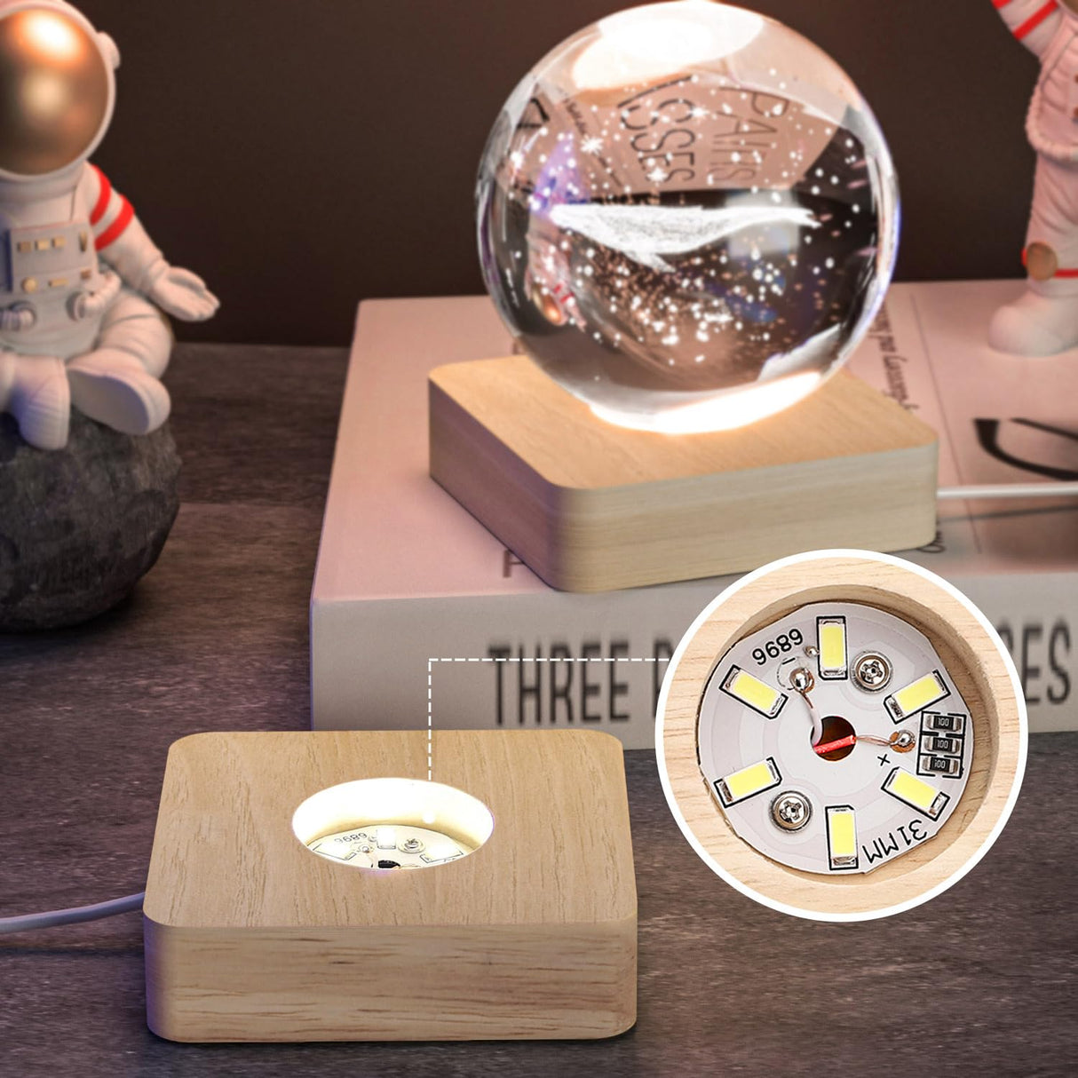 Facmogu Wooden LED Light Display Base with Power Adapter DC 5V 1A, USB Powered White Light LED Display Base Stand with 6 LEDs, 6 LED Lights Base for 3D Crystal Laser Glass Resin Art Warm Light Square Facmogu
