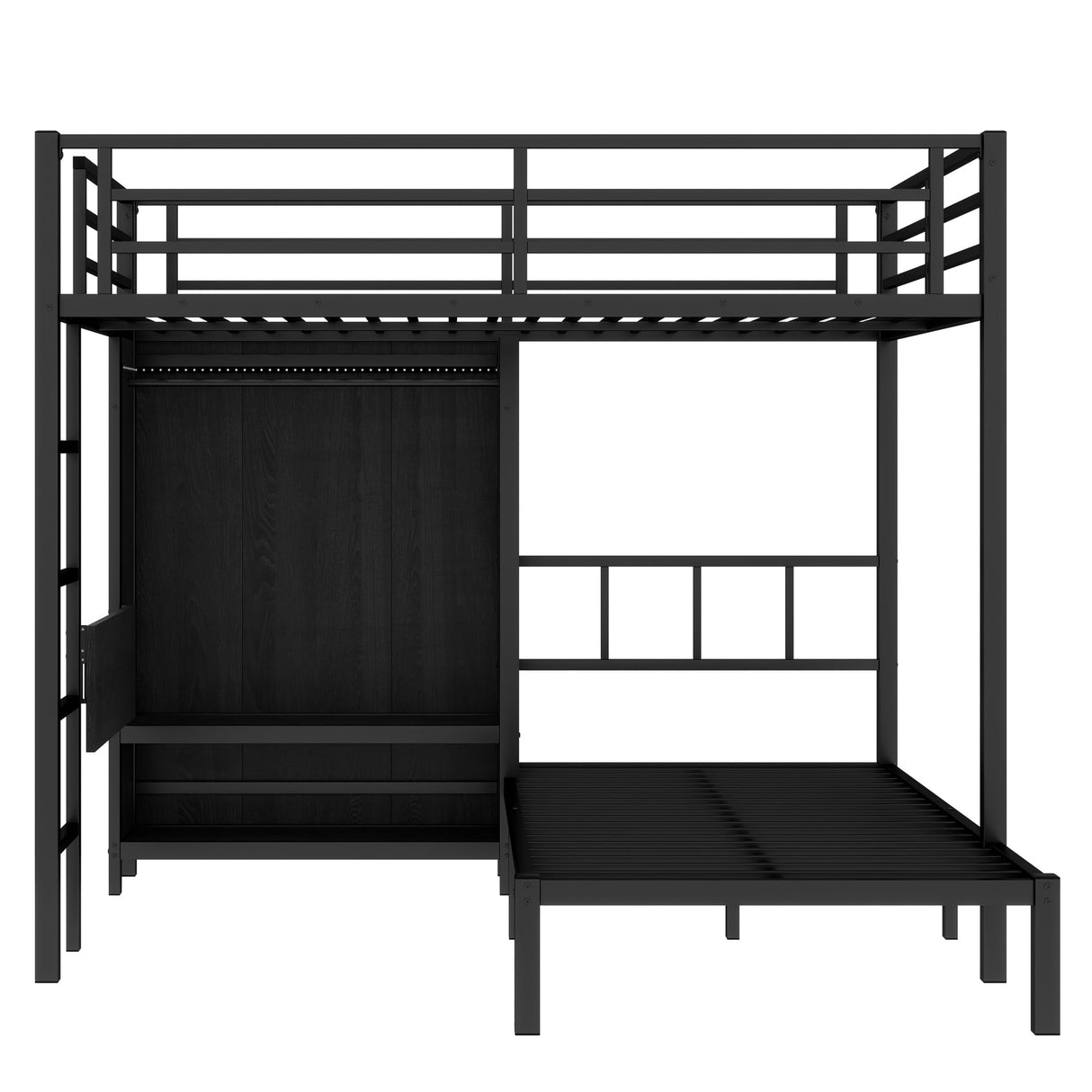 Bellemave Full XL Over Twin Bunk Beds with Folding Desk, Wardrobe and Shoe Rack, Heavy Duty Metal Bunk Bed with RGB LED Light, Ladder and Full-Length Guardrail, Black Bellemave