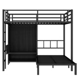 Bellemave Full XL Over Twin Bunk Beds with Folding Desk, Wardrobe and Shoe Rack, Heavy Duty Metal Bunk Bed with RGB LED Light, Ladder and Full-Length Guardrail, Black Bellemave