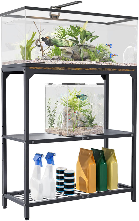 AnBaiMei 20-30 Gallon Aquarium Stand, Metal Fish Tank Stand with Adjustable 3-Tier Storage Shelf, Heavy Duty Reptile Breeder Turtle Tank Terrarium Rack Table for Home Office, 30" L x 12" W x 32.2" H, Black