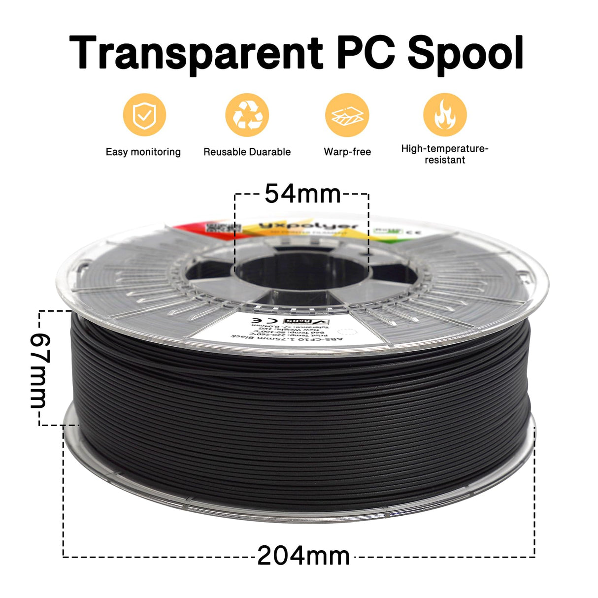 YXPOLYER Carbon Fiber ABS Filament 1.75mm 1kg ABS-CF 3D Printer Filament with Transparent Reusable PC Deformation-Resistant Spool fit AMS yxpolyer