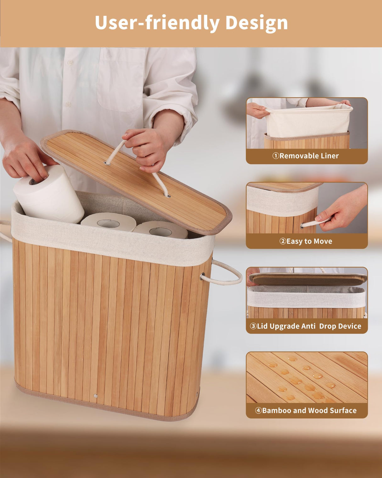 WAOHANAZ Bamboo Toilet Paper Storage with Lid & Handel, 8 Gallons (30L), Sturdy Toilet Paper Basket, Organizer for Bathroom, Kitchen, Holder with Storage, Natural WAOHANAZ