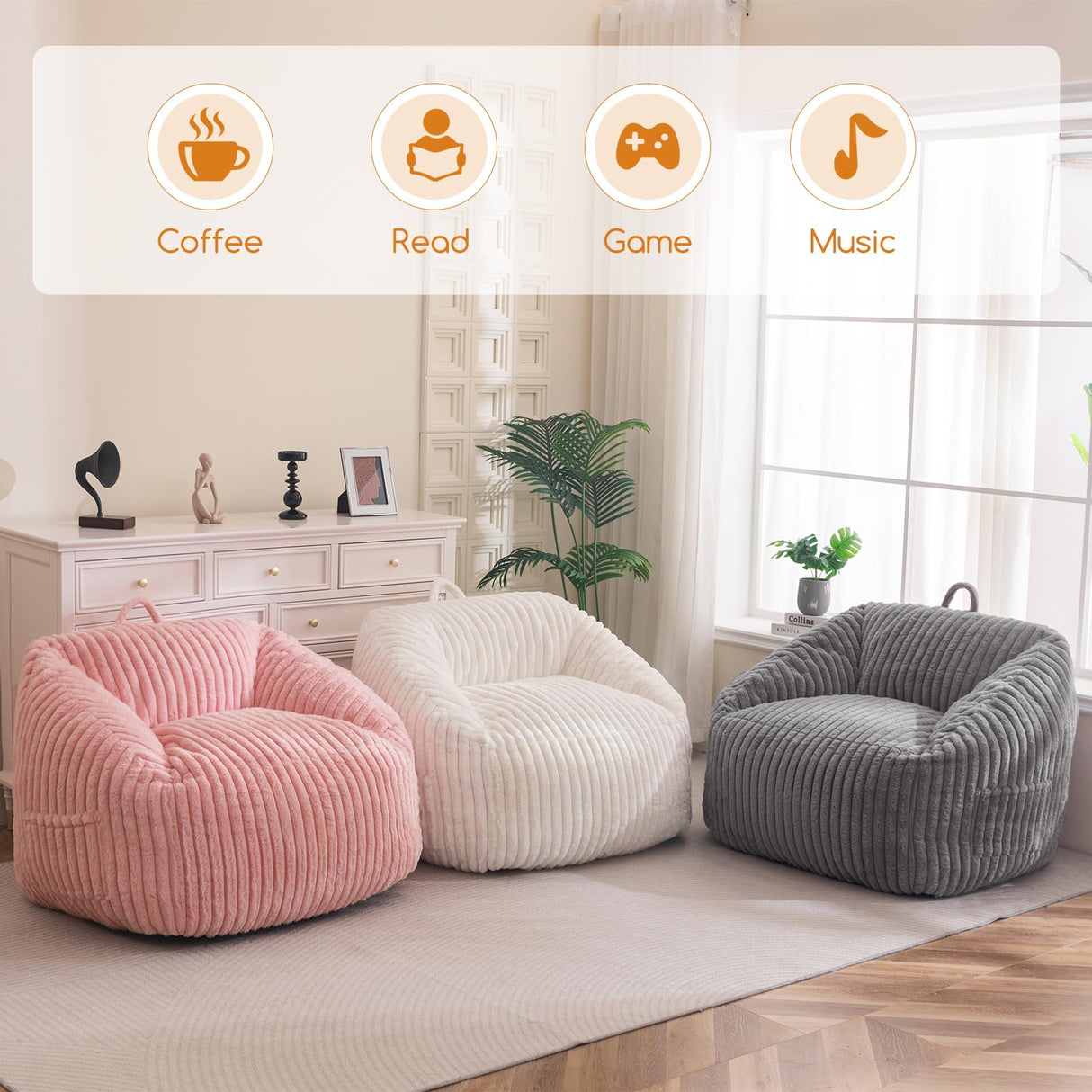 BYBYME Giant Bean Bag Chair for Adults and Kids, Large Comfy Cozy Beanbag, Floor Sofa for Teens, Living Room, Gaming, Reading, Beige BYBYME