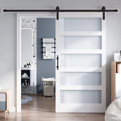 ROYMELO 42x84 Inch Glass Sliding Barn Door Slab and 7ft Hardware Kit Included, 5 Frosted Glass, LVL Wood Panel Covered with White Water-Proof Scratch-Proof PVC Surface, Simple DIY Assembly ROYMELO