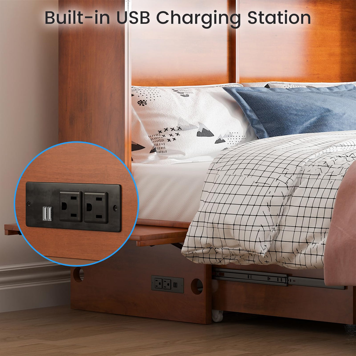 PUREMIND Queen Murphy Bed Cabinet with Mattress Included, Cabinet Beds with 2 Storage Drawers, Murphy Chest Bed with USB Charging Station, Horizontal Murphys Wallbed for Bedroom, Guest Room PUREMIND