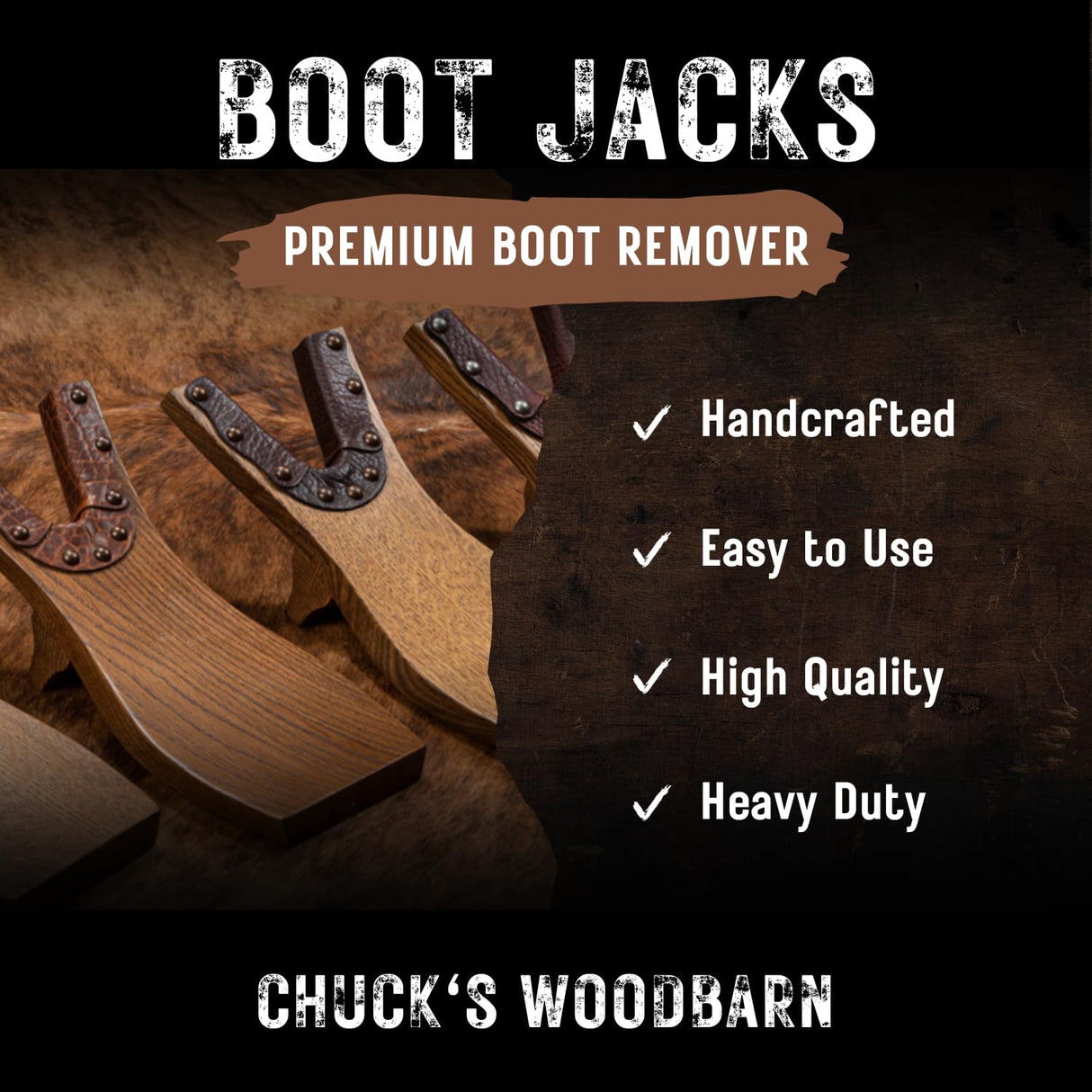 Chuck's Woodbarn - Beefcake Boot Jack Puller - Solid Oak Wood & Bison Leather - Premium Boot Accessories - Wood Boot Removal Tool For Cowboy Boots & Chuck's Woodbarn