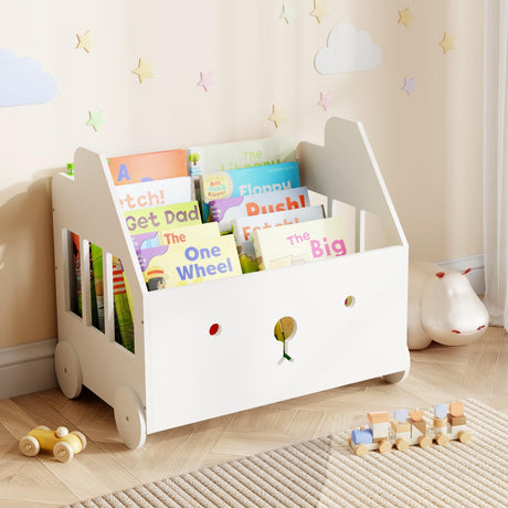 Jomzuci Wooden Kids Bookshelf, Toddler Montessori Bookshelf, Nursery Book Shelves with 4 Adjustable Dividers, Book Shelf for Kids Rooms, Nursery, Bedroom, Classroom and Playroom Storage Jomzuci