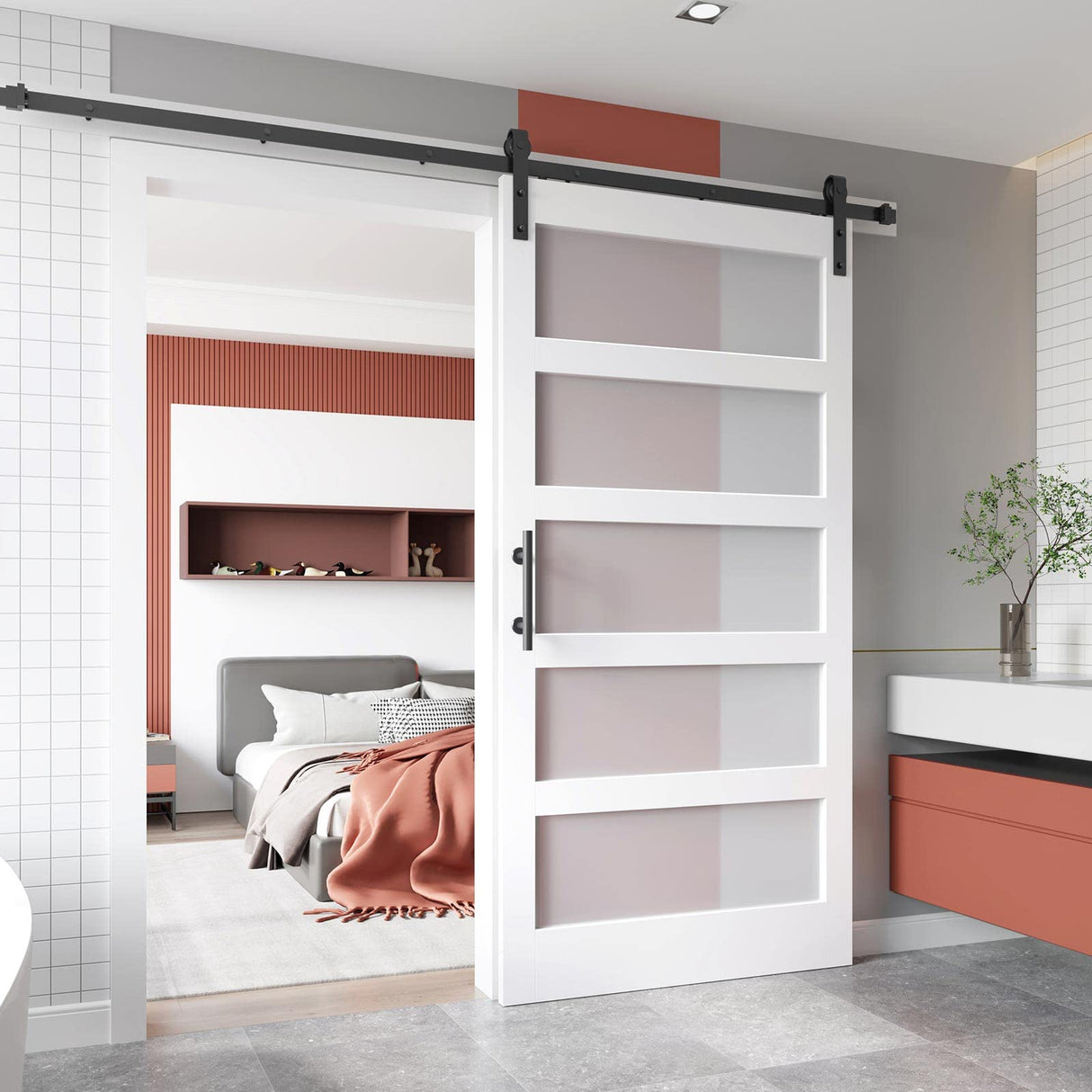 EaseLife 48in x 84in Glass Barn Door with 8FT Sliding Door Hardware Kit Included & Handle,Solid LVL Wood Covered with Water-Proof & Scratch-Resistant PVC Surface,DIY Assembly,5-Panel Glass,White EaseLife