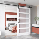 EaseLife 48in x 84in Glass Barn Door with 8FT Sliding Door Hardware Kit Included & Handle,Solid LVL Wood Covered with Water-Proof & Scratch-Resistant PVC Surface,DIY Assembly,5-Panel Glass,White EaseLife