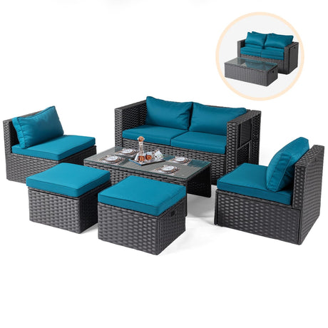VINGLI 6 Pieces Wicker Patio Furniture Set, Outdoor Sectional Furniture Patio Conversation Set Space-Saving Design with Ottomans and Coffee Table for Garden,Poolside, Backyard (Black) VINGLI