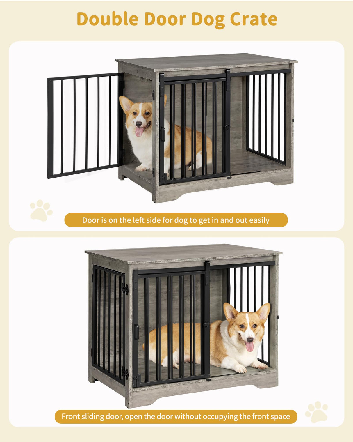Hzuaneri Dog Crate Furniture, 32" Double Door Dog Crate with Barn Door, Dog Kennel Indoor, End Side Table Wooden Dog Crate for Small Medium Large Dog, Anti-Chew Anti-Escape, Greige Black DFC83605B Hzuaneri