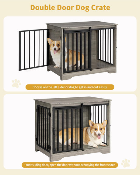 Hzuaneri Dog Crate Furniture, 32" Double Door Dog Crate with Barn Door, Dog Kennel Indoor, End Side Table Wooden Dog Crate for Small Medium Large Dog, Anti-Chew Anti-Escape, Greige Black DFC83605B Hzuaneri