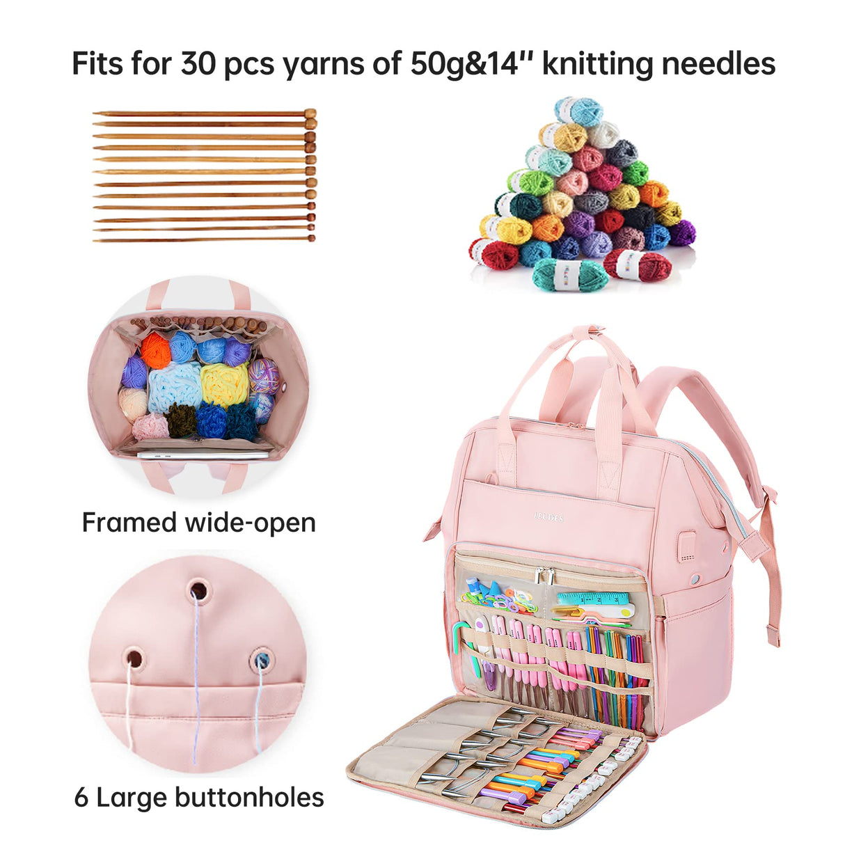 Leudes Knitting Bag Backpack, Yarn Storage Organizer Large Crochet Bag Tote Christmas Gift Yarn Holder Case for Carrying Projects, Knitting Needles (Upgraded Pink) Leudes