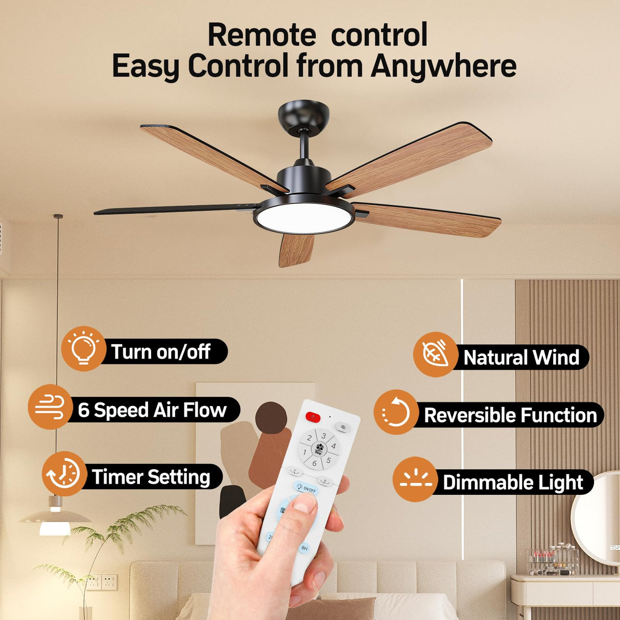 TALOYA 52 Inch Black Ceiling Fans with Lights Led Remote Control Flush Mount Low Profile for Bedroom Living Dining Room Outdoor Farmhouse Patio,Reversible,DC Motor,Diammable,Buzzer ON/Off,5 Blades TALOYA