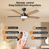 TALOYA 52 Inch Black Ceiling Fans with Lights Led Remote Control Flush Mount Low Profile for Bedroom Living Dining Room Outdoor Farmhouse Patio,Reversible,DC Motor,Diammable,Buzzer ON/Off,5 Blades TALOYA