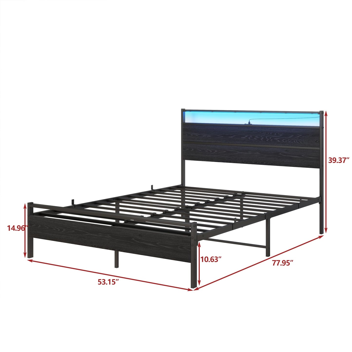 Full Size Bed Frame with Wood Headboard/LED Lights,Platform Metal Bed Frame Full Size with Charging Station,Heavy Duty Metal Slats Support,No Box Spring Needed,Noise Free,Black