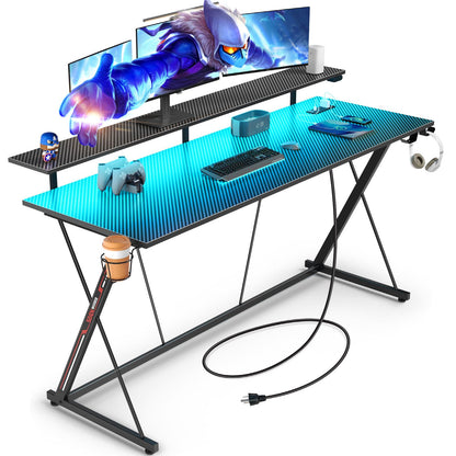 SEVEN WARRIOR Gaming Desk with LED Lights & Power Outlets, 55" Computer Desk with Monitor Shelf, Home Office Desk with Cup Holder and Headphone Hook, Ergonomic, Carbon Fiber Surface Black - WoodArtSupply