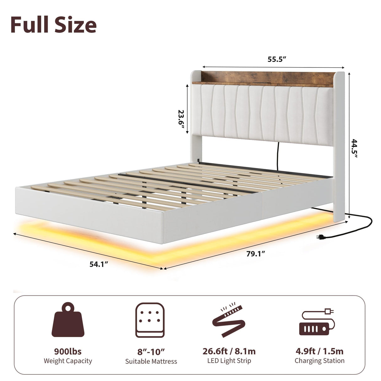 IDEALHOUSE Full Floating Bed Frame with LED Lights & Charging Station, Upholstered Platform Bed with Storage Headboard, Wood Slats Support, No Box Spring Needed, Easy to Assemble, White IDEALHOUSE