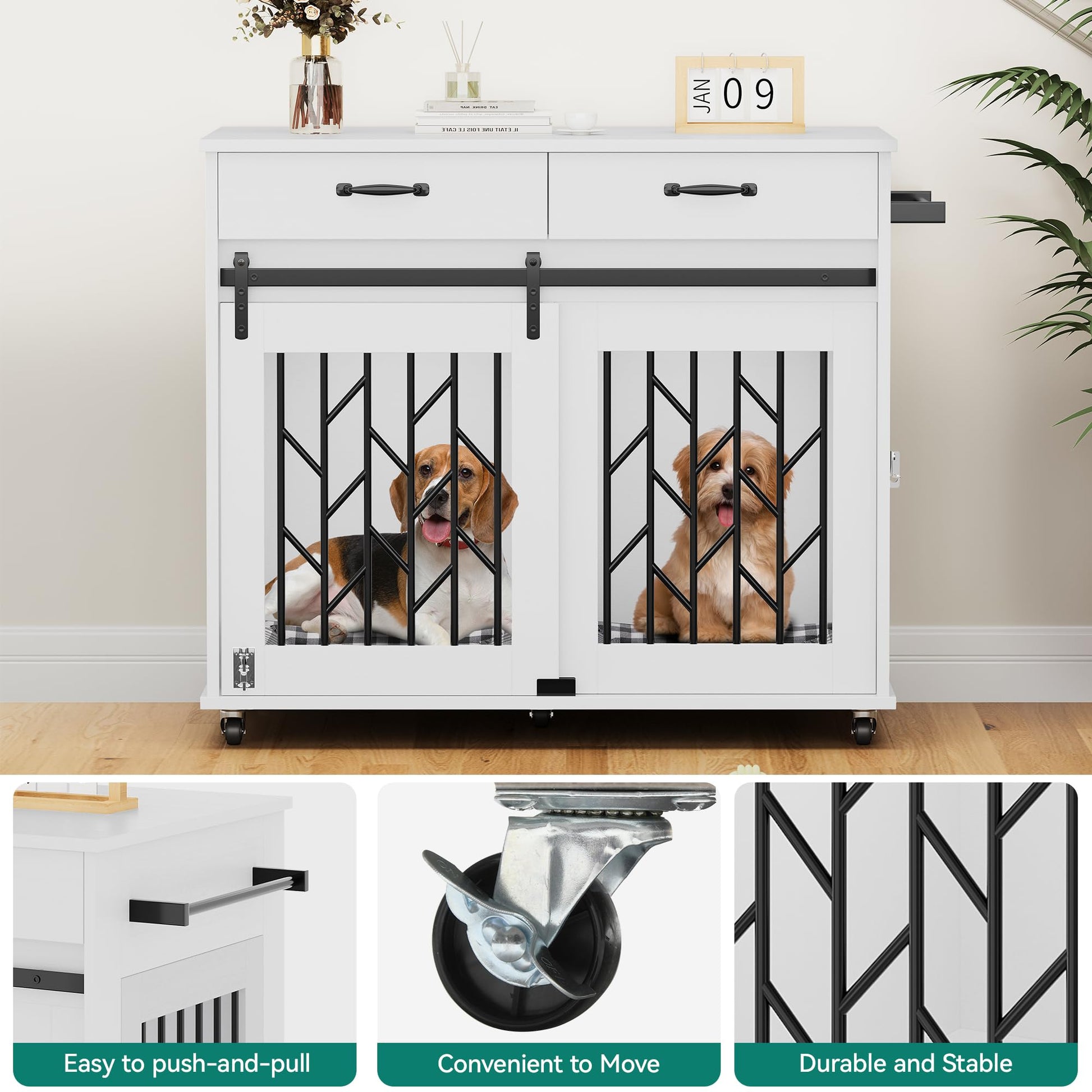 YITAHOME Dog Kennel Furniture for 2 Dogs, 39 inch Double Dog Crate with Storage Drawers, Indoor Wooden Dog House Heavy Duty for 2 Small Medium Dogs, White - WoodArtSupply