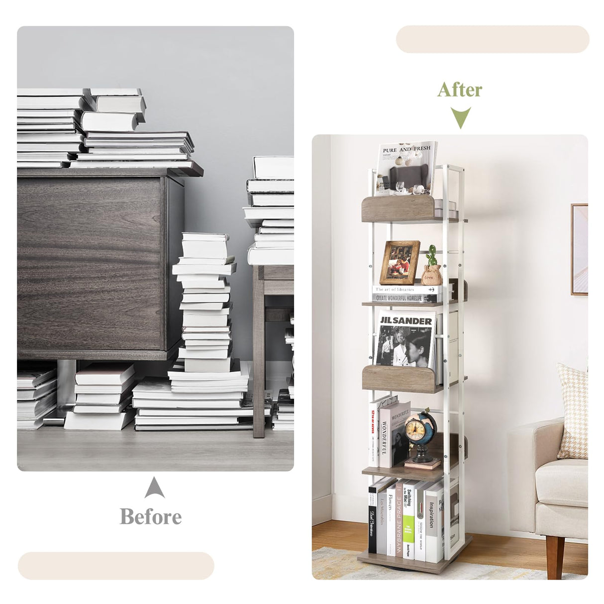Bikoney 5-Tier Rotating Bookshelf Tower - Tall Industrial White Bookcase for Corners and Small Spaces Bikoney