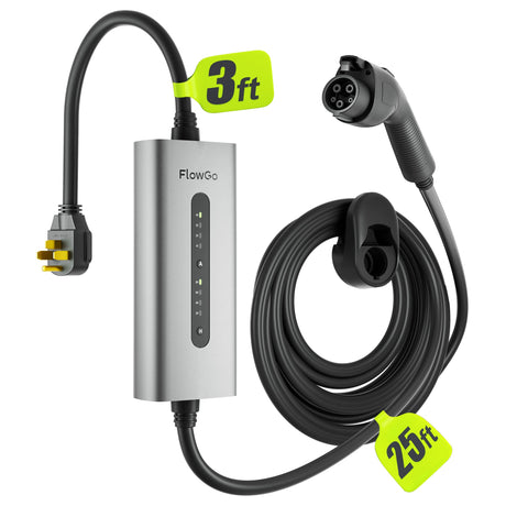 FlowGo Level 2 EV Charger 40A J1772 Connector 9.6KW Electric Car Charger 240V with 14-50 Plug 25 FT Cable 15-40 Amps Adjustable Current Mobile Vehicle Charging Station for All EVs FlowGo