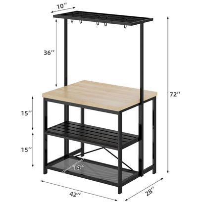 Amyove 42'' Large Kitchen Island Bakers Rack Microwave Oven Stand Shelf with 3 Tier Storage, Metal Coffee Bar Table,Kitchen Storage for Dining Living Room, 5 Hooks, 43.7 * 27.9 * 72