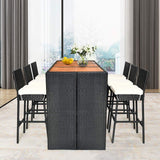 HAPPYGRILL 7 Pieces Outdoor Wicker Bar Set, Rattan Dining Set with Patio Bar Height Table & 6 Bar Stools with Cushions Outside Bar Set for Poolside Patio Backyard HAPPYGRILL