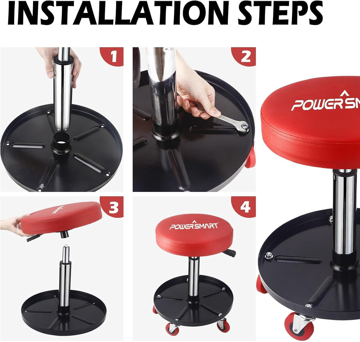 PowerSmart 360°Rolling Mechanic Stool with Tool Tray,300 lbs Capacity, Adjustable 15-20 Inches, Ideal for Garage/Shop Use,PS1101 PowerSmart