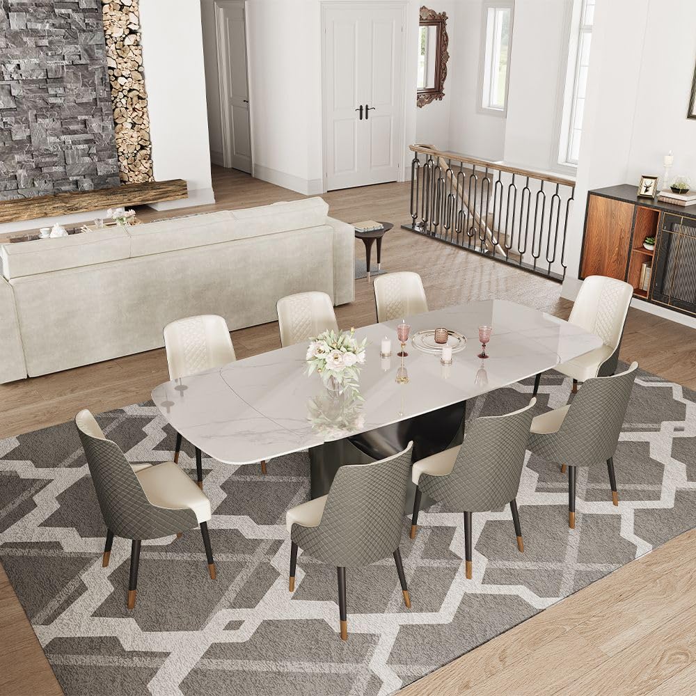 POVISON Dining Table, Extendable Dining Room Table for 6 to 10, 93.7" Hobart Modern Dining Table， White Rectangular Glossy Sintered Stone Tabletop for Dining Room, Gray Carbon Steel Leg(Table Only) POVISON
