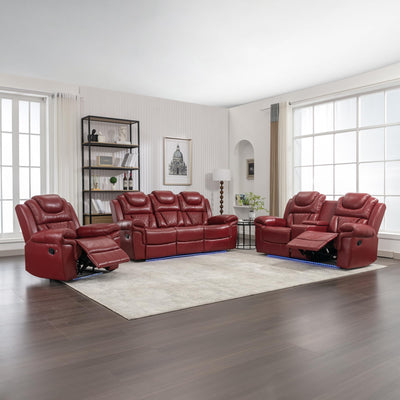 Olodumare 3 Pieces Living Room Furniture Sets,Recliner Leather Sectional Sofa, Home Theater Seating Manual Recliner with Center Console and LED Light Strip for Living Room, Office.Wine Red（3+2+1