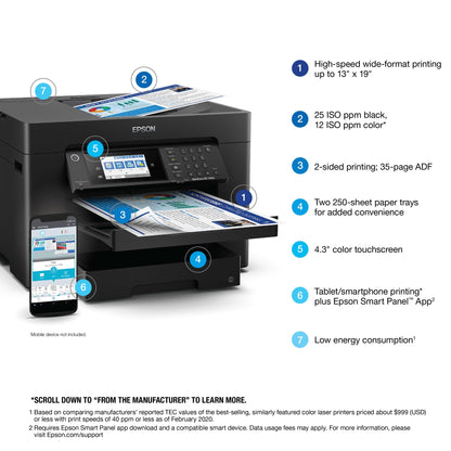 Epson Workforce Pro WF-7840 Wireless All-in-One Wide-Format Printer with Auto 2-Sided Print up to 13" x 19", Copy, Scan and Fax, 50-Page ADF, 500-sheet Paper Capacity, 4.3" Screen,Black