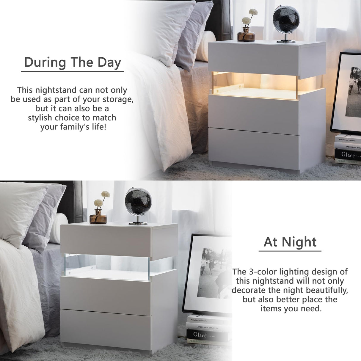 DKYNDSYN Lighted Nightstand with 3 Drawers, LED Lights with 3 Colors and Adjustable Brightness, Remote Control, 19.7" W x 14.6" D x 23.6" H, White DKYNDSYN