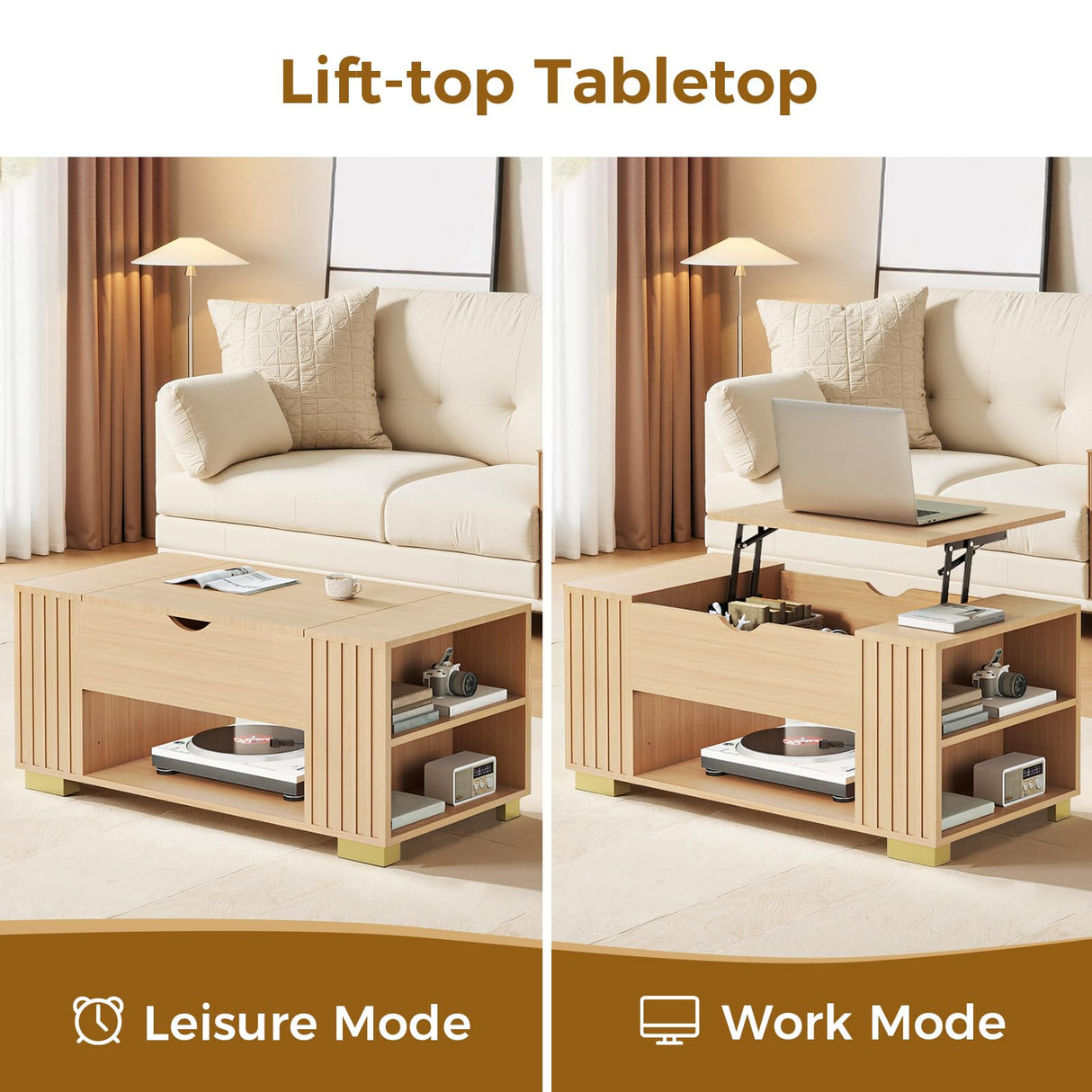 COMHOMA Lift Top Coffee Tables for Living Room, 39" Center Table with Hidden Storage Compartment, Adjustable Wooden Tea Table for Small Spaces, Natural Oak COMHOMA