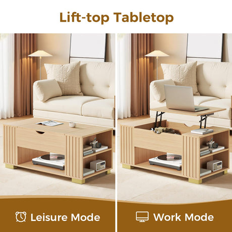 COMHOMA Lift Top Coffee Tables for Living Room, 39" Center Table with Hidden Storage Compartment, Adjustable Wooden Tea Table for Small Spaces, Natural Oak COMHOMA