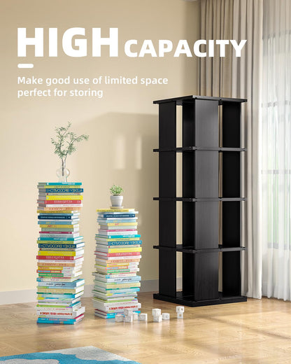 ATRURAL 360° Rotating Solid Wood Bookshelf Tower - 4-Tier Stackable Bookcase in Black - WoodArtSupply