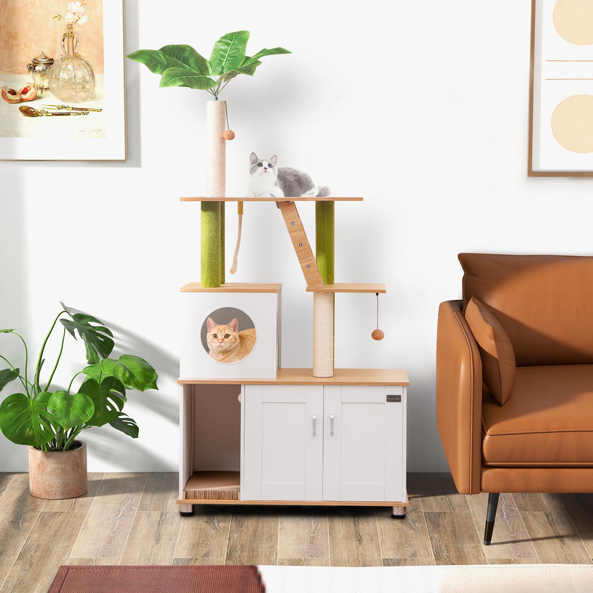 Tangkula Cat Tree with Litter Box Enclosure, 2-in-1 Cat Tower with Condo, Sisal Scratching Posts, Hanging Rope, Dangling Balls, Scratching Pad, Hidden Litter Box Furniture for Indoor Cats (White) Tangkula