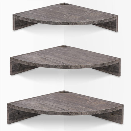 Homode Corner Floating Shelves, Set of 3 Corner Wall Shelves for Storage and Display, 3 Tier Wood Hanging Shelf Organizer for Cable Box, for Bedroom, Bathroom, Kitchen, Rustic Grey Homode